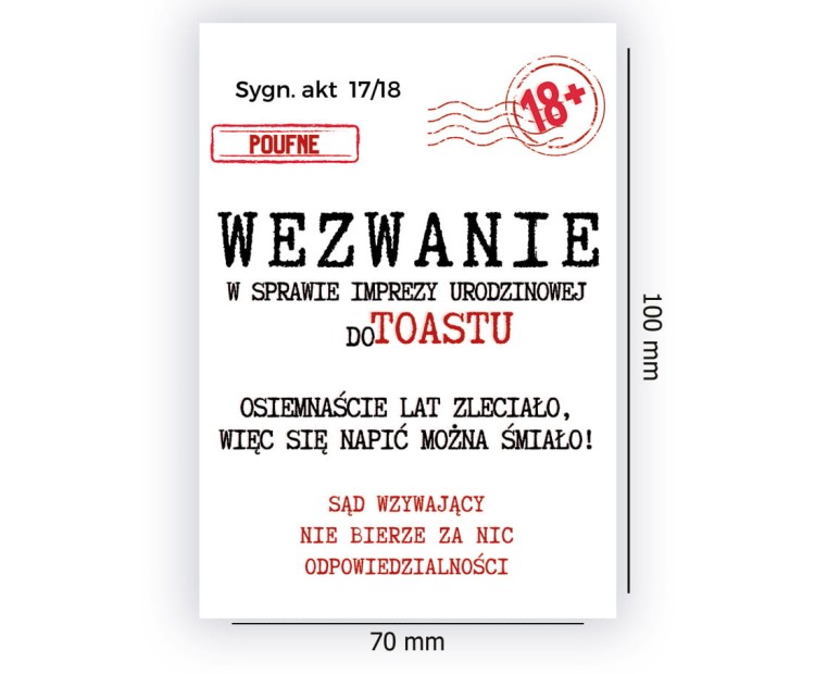 Naklejki na Butelki na 18 Urodziny Wezwanie do Toastu - 10 sztuk NAK_56 Rozmiar