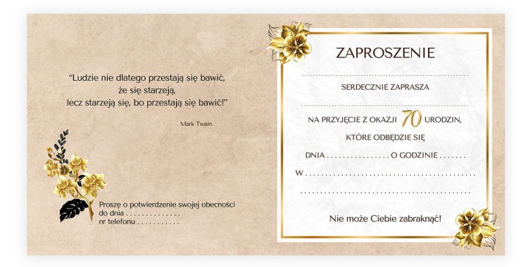 Zaproszenia na 70 Urodziny Zlote Eko Z11_31 Srodek