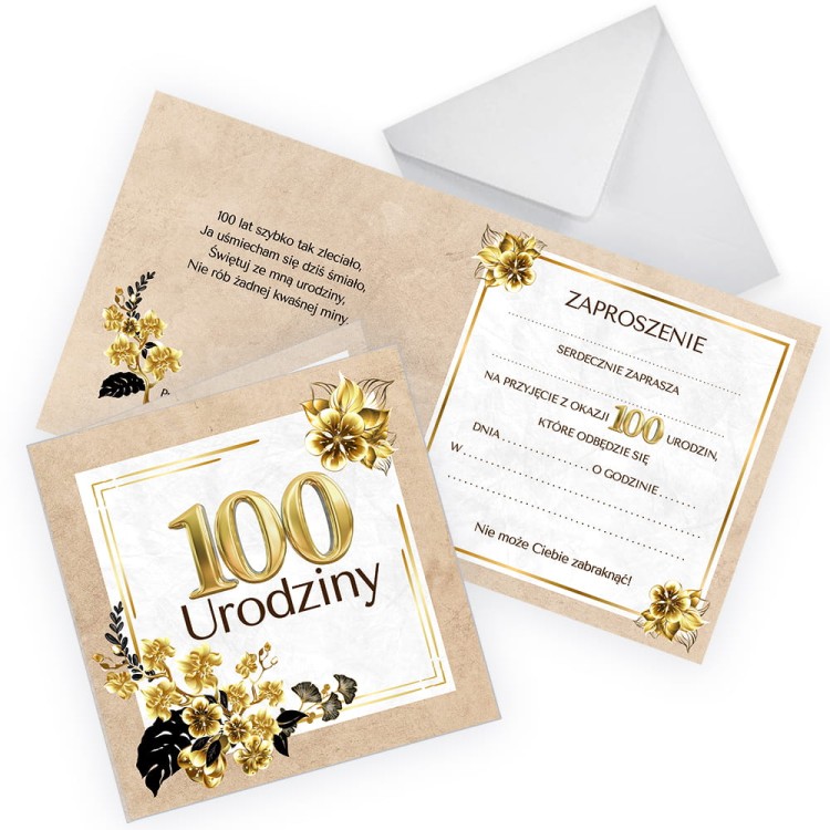 Zaproszenia na 100 Urodziny Zlote Eko Z11_33 Biala Koperta