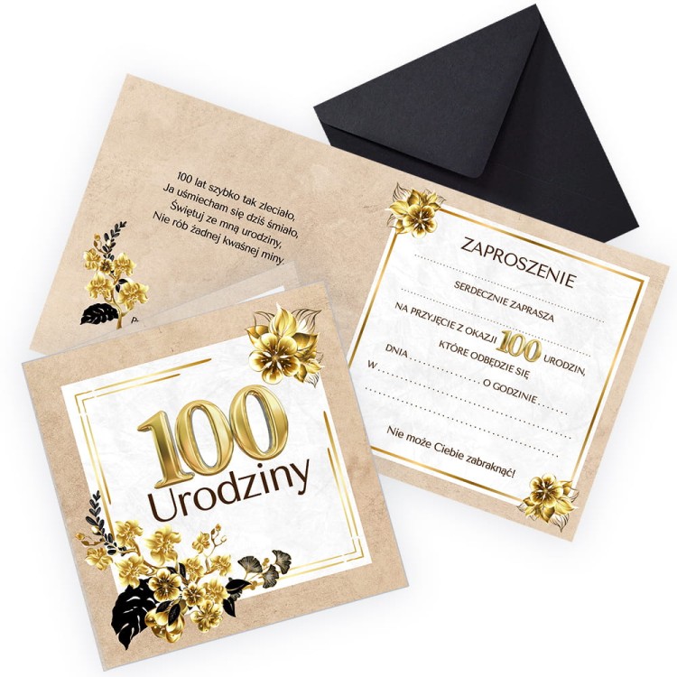 Zaproszenia na 100 Urodziny Zlote Eko Z11_33  Czarna Koperta