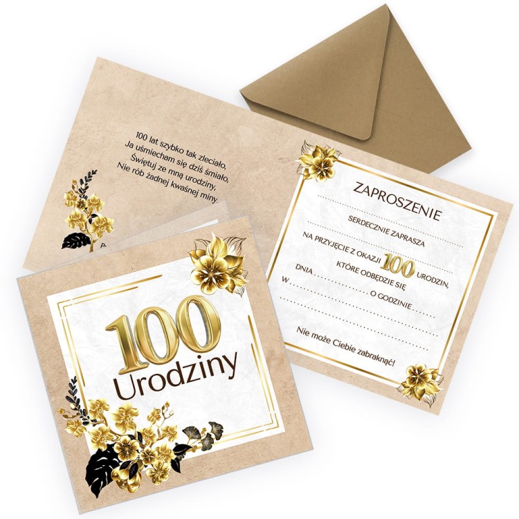 Zaproszenia na 100 Urodziny Zlote  Eko Z11_33 Eko Koperta