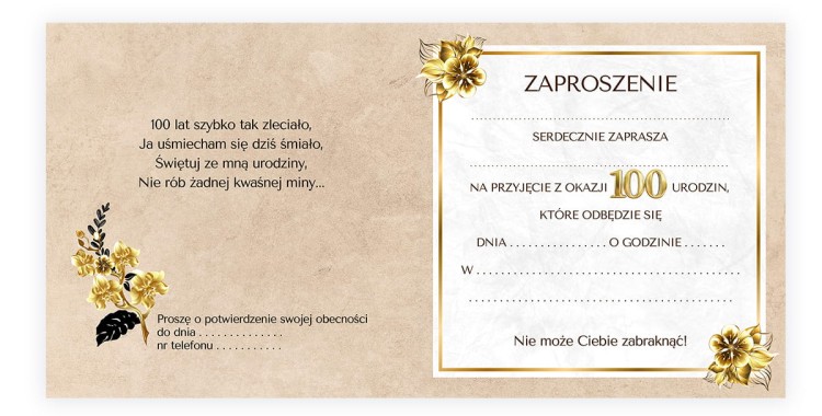 Zaproszenia na 100 Urodziny Zlote  EkoZ11_33 Srodek