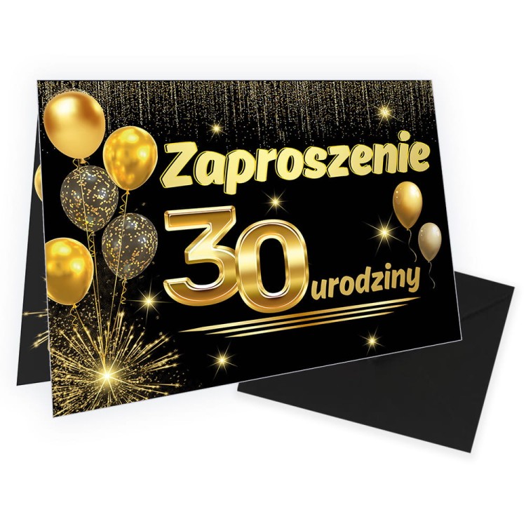 Zaproszenia na 30 Urodziny Zlote Balony WB_49 Czarna Koperta