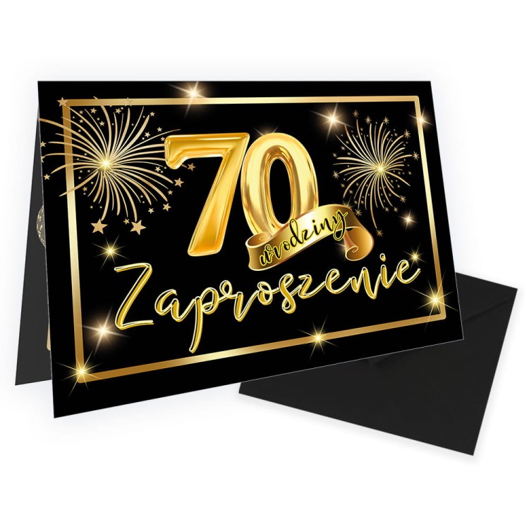 Zaproszenia na 70 Urodziny Zlote Balony  WM_50 Czarna Koperta