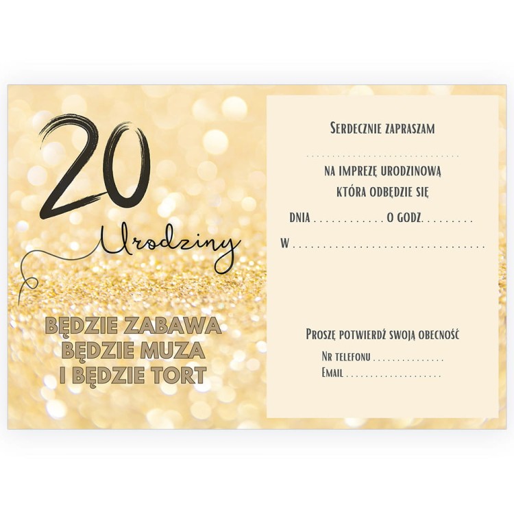 Zaproszenia na 20 Urodziny Zlota Impreza WB_51  Srodek