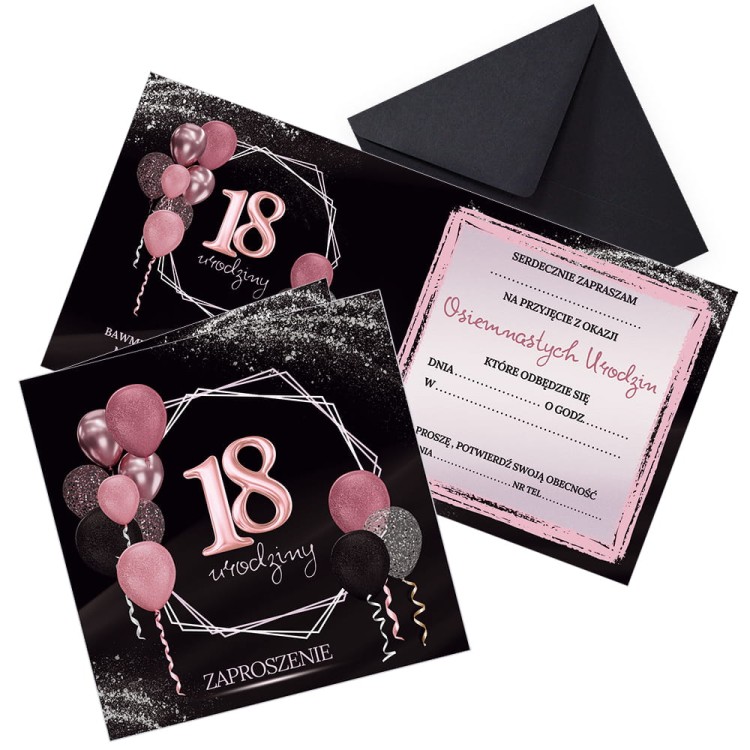 Zaproszenia na 18 Urodziny Rozowe Balony Z11_42 Czarna Koperta