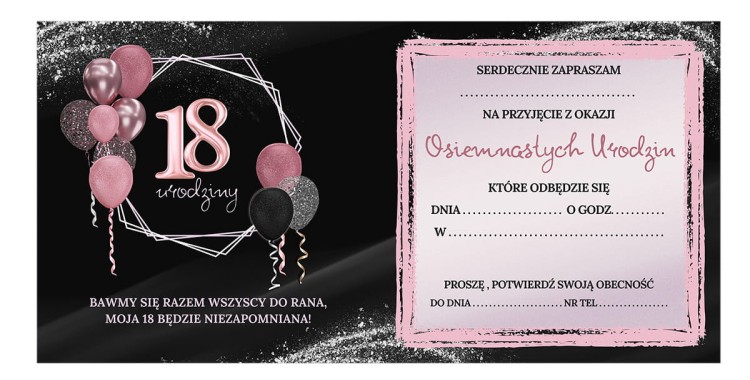 Zaproszenia na 18 Urodziny Rozowe Balony Z11_42 Srodek
