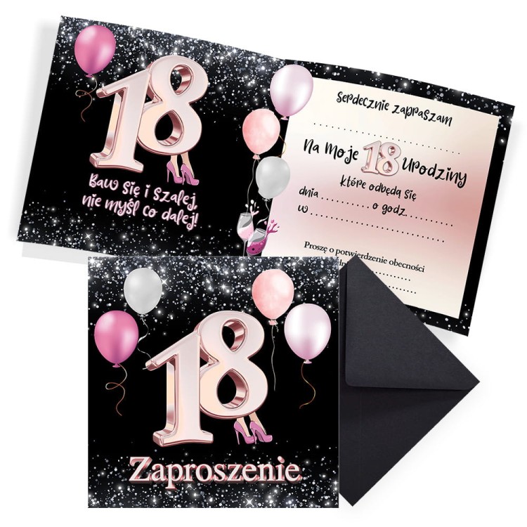 Zaproszenia na 18 Urodziny Rozowe szpilki Z13_05 Czarna Koperta