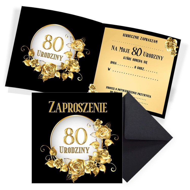Zaproszenia na 80 Urodziny Szyk Z13_04 Czarna Koperta