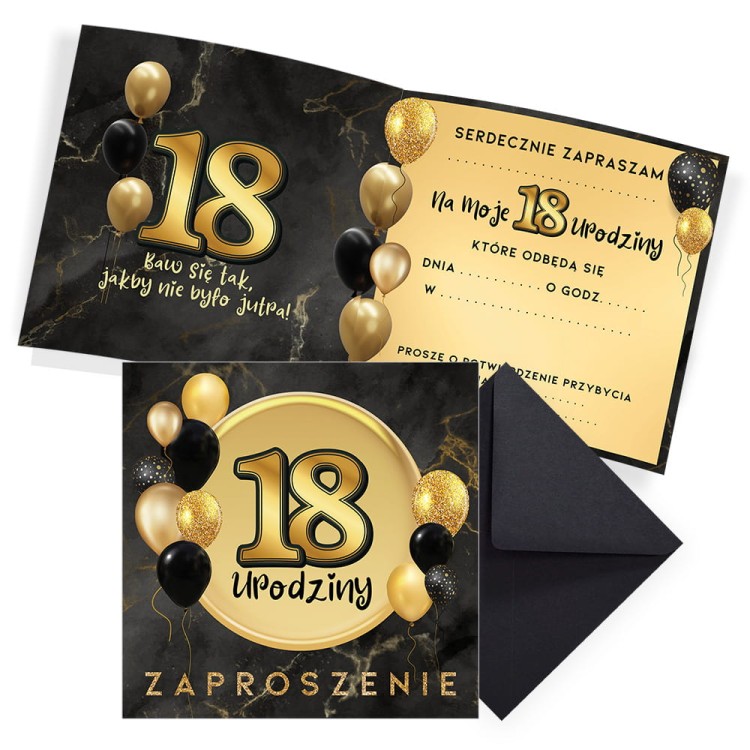 Zaproszenia na 18 Urodziny Czarno zlote Z13_01 Czarna Koperta