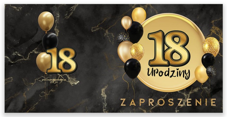Zaproszenia na 18 Urodziny Czarno zlote Z13_01 Czarna Koperta Przod
