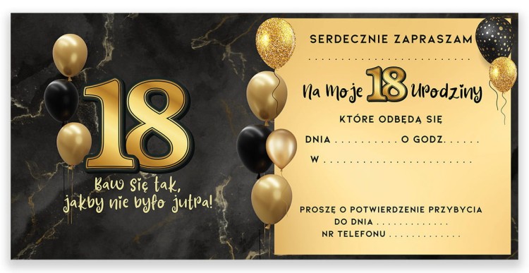Zaproszenia na 18 Urodziny Czarno zlote Z13_01 Czarna Koperta Srodek