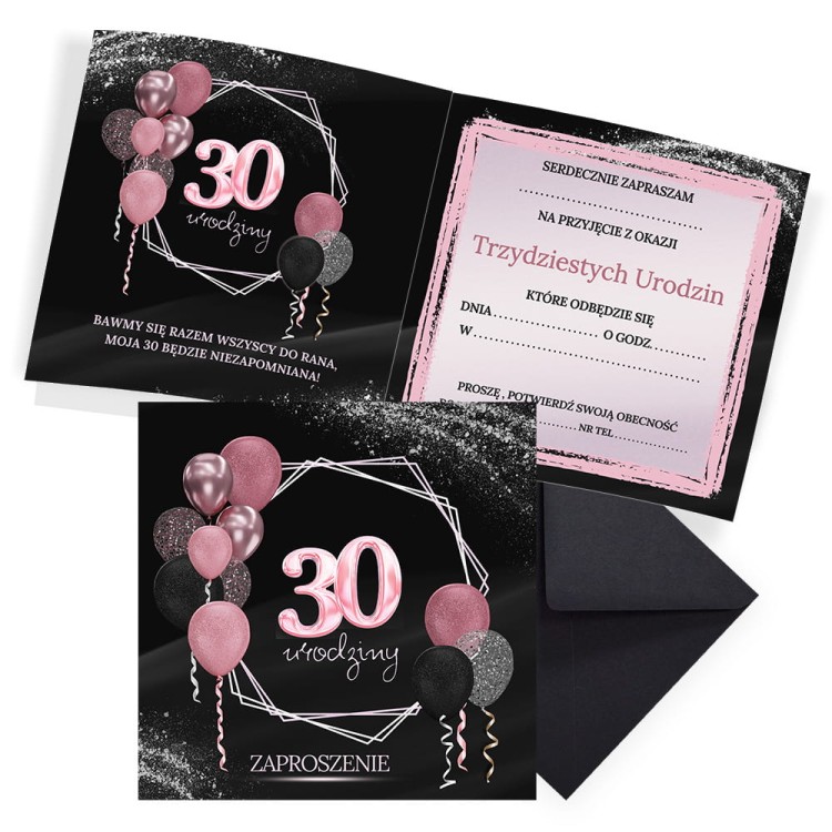 Zaproszenia na 30 Urodziny Rozowe Balony Z13_09 Czarna Koperta
