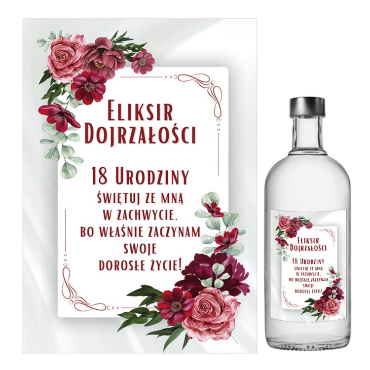 Naklejki na Butelki na 18 Urodziny Bordowe Kwiaty - 10 sztuk  NAK_116