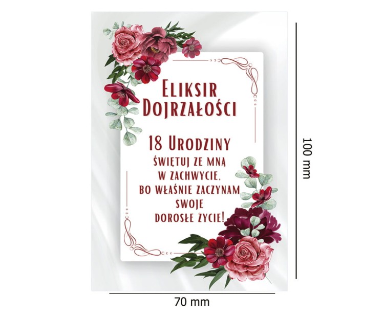 Naklejki na Butelki na 18 Urodziny Bordowe Kwiaty - 10 sztuk  NAK_116 Rozmiar