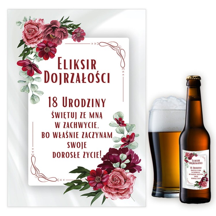 Naklejki na Butelki na 18 Urodziny Bordowe Kwiaty - 10 sztuk  NAK_116