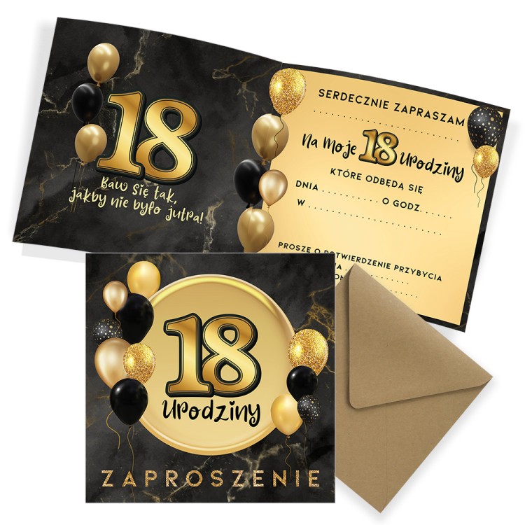 Zaproszenia na 18 Urodziny Czarno Zlote  Z13_01 Eko Koperta
