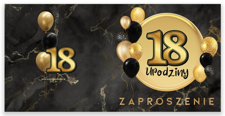 Zaproszenia na 18 Urodziny Czarno Zlote  Z13_01  Przod