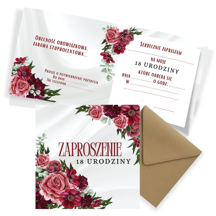Zaproszenia na 18 Urodziny Bordo Z13_07 Eko Koperta