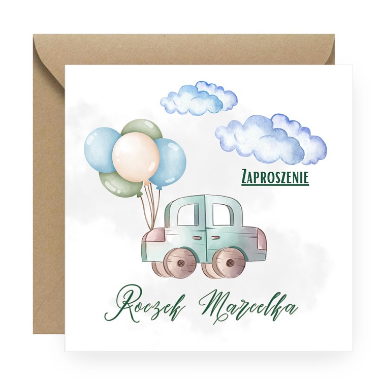 Zaproszenia Personalizowane na Roczek Autko D13_02 brazowa koperta
