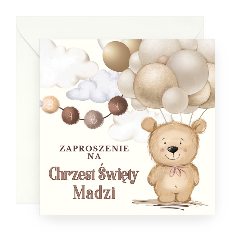 Zaproszenia Personalizowane na Chrzest Święty Beżowy Miś P13_02