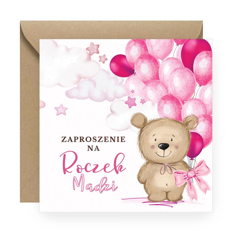 Zaproszenia Personalizowane na Roczek Różówy Miś P13_04 eko koperta