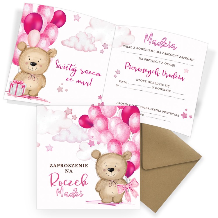 Zaproszenia Personalizowane na Roczek Różówy Miś P13_04 eko koperta komplet