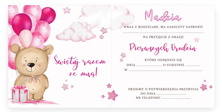 Zaproszenia Personalizowane na Roczek Różówy Miś P13_04 srodek