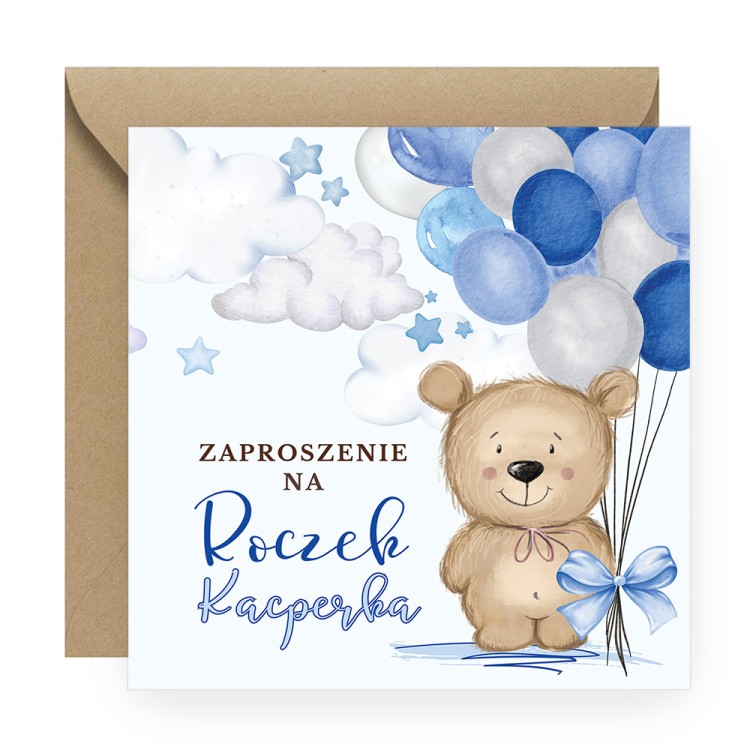 Zaproszenia Personalizowane na Roczek Niebieski Miś P13_03 eko koperta