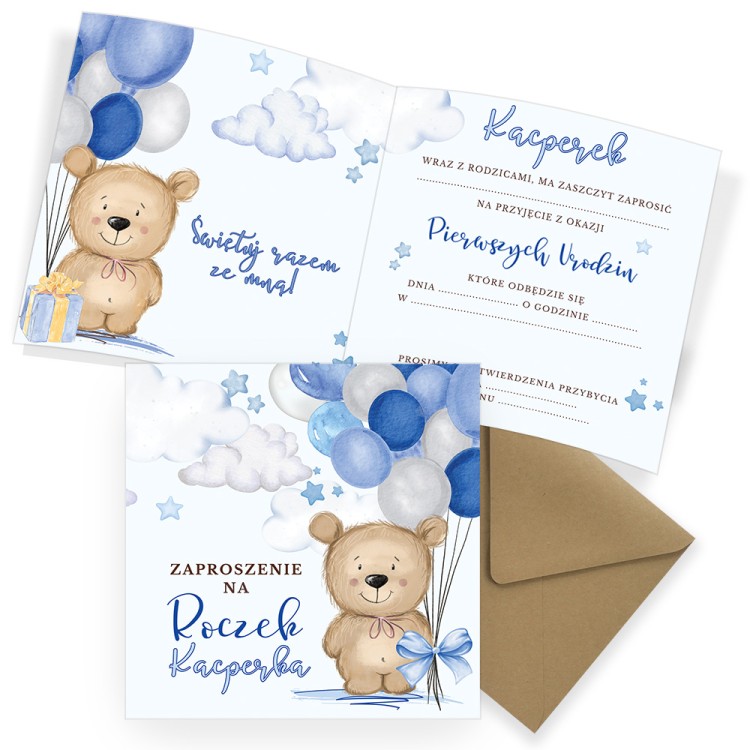 Zaproszenia Personalizowane na Roczek Niebieski Miś P13_03 eko koperta komplet