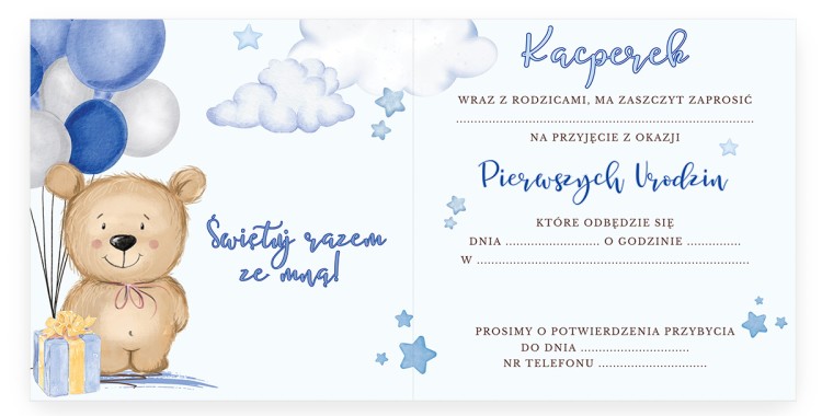Zaproszenia Personalizowane na Roczek Niebieski Miś P13_03 srodek