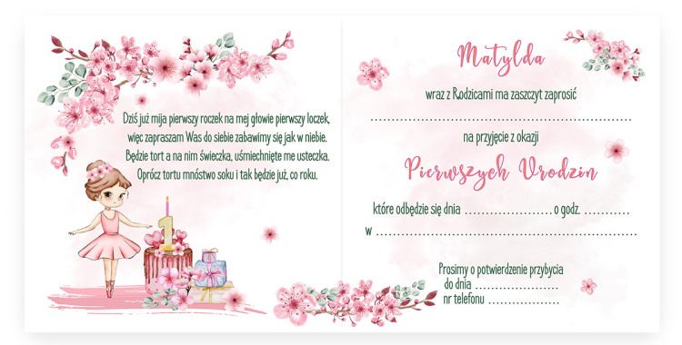 Zaproszenia Personalizowane na Roczek Baletnica D13_04 srodek