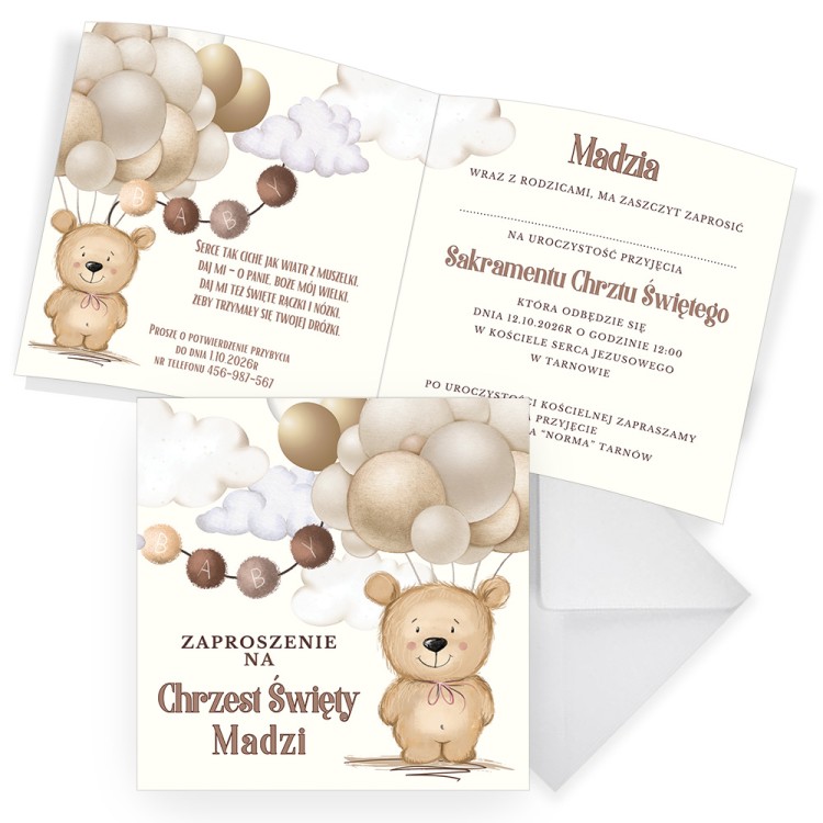 Zaproszenia Personalizowane na Chrzest Święty Beżowy Miś P13_02 komplet