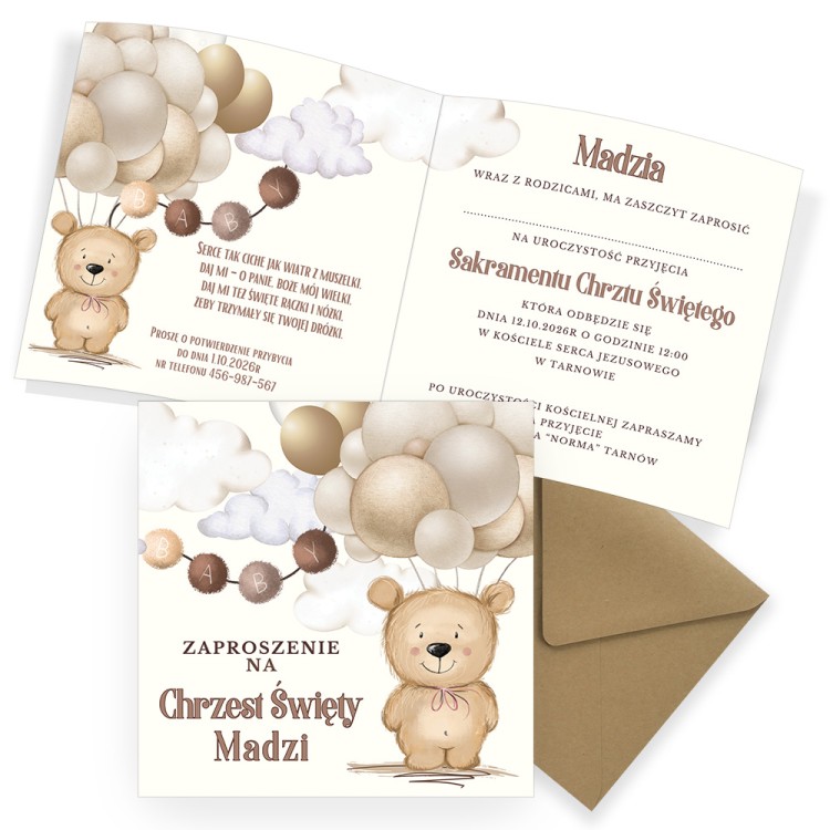 aproszenia Personalizowane na Chrzest Święty Beżowy Miś_P13_02_brazowa koperta komplet