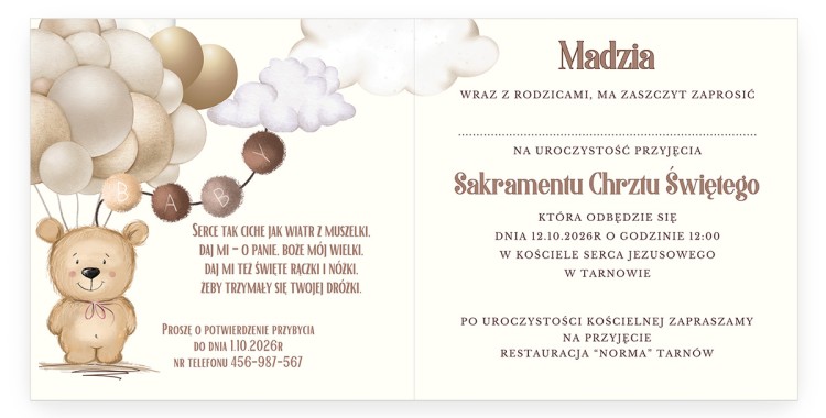 Zaproszenia Personalizowane na Chrzest Święty Beżowy Miś_P13_02 srodek