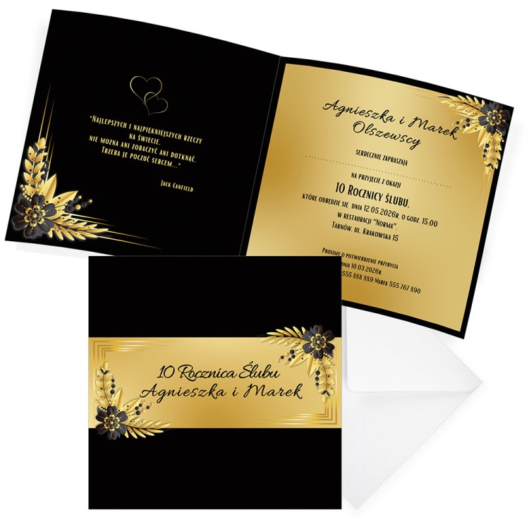 Zaproszenia Personalizowane Rocznica Ślubu Czarno Złote Kwiaty komplet