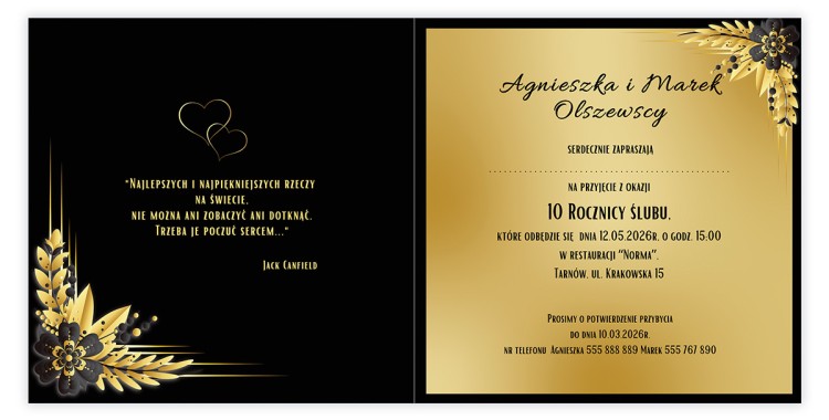 Zaproszenia Personalizowane Rocznica Ślubu Czarno Złote Kwiaty środek