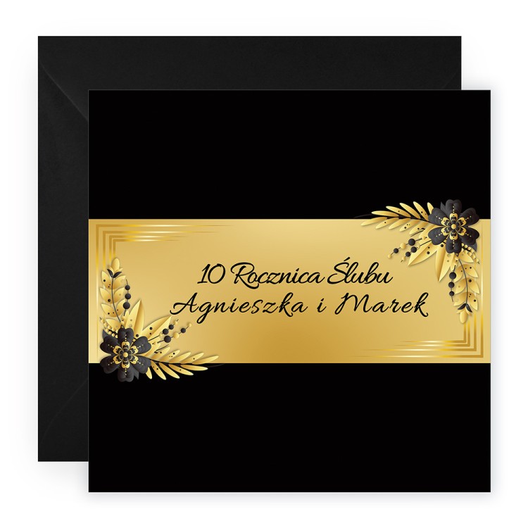 Zaproszenia Personalizowane Rocznica Ślubu Czarno Złote Kwiaty Czarna Koperta