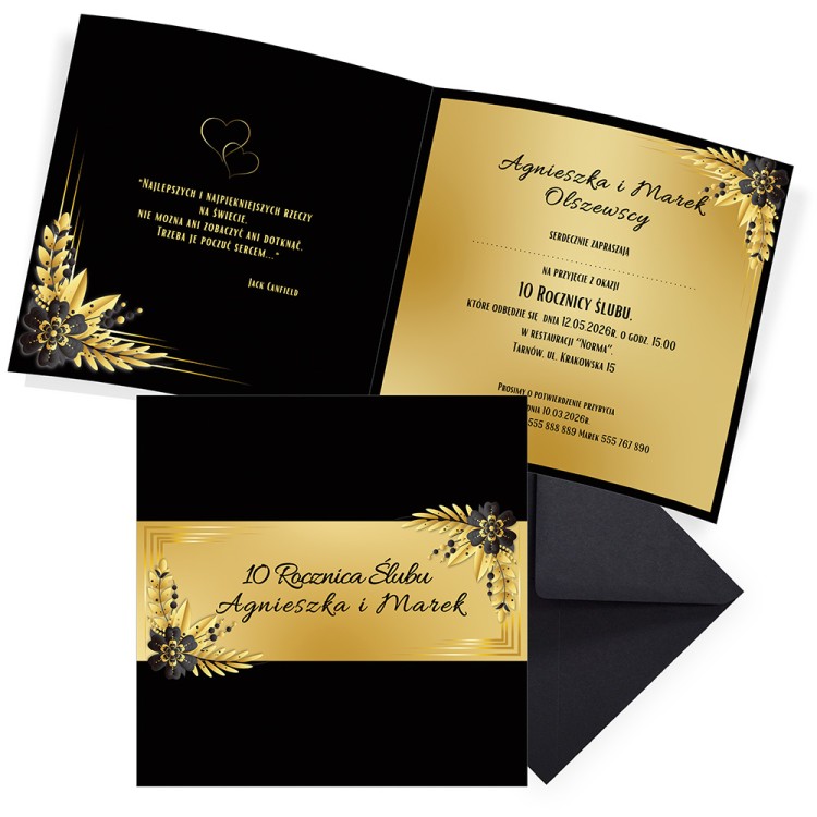 Zaproszenia Personalizowane Rocznica Ślubu Czarno Złote Kwiaty Czarna Koperta komplet