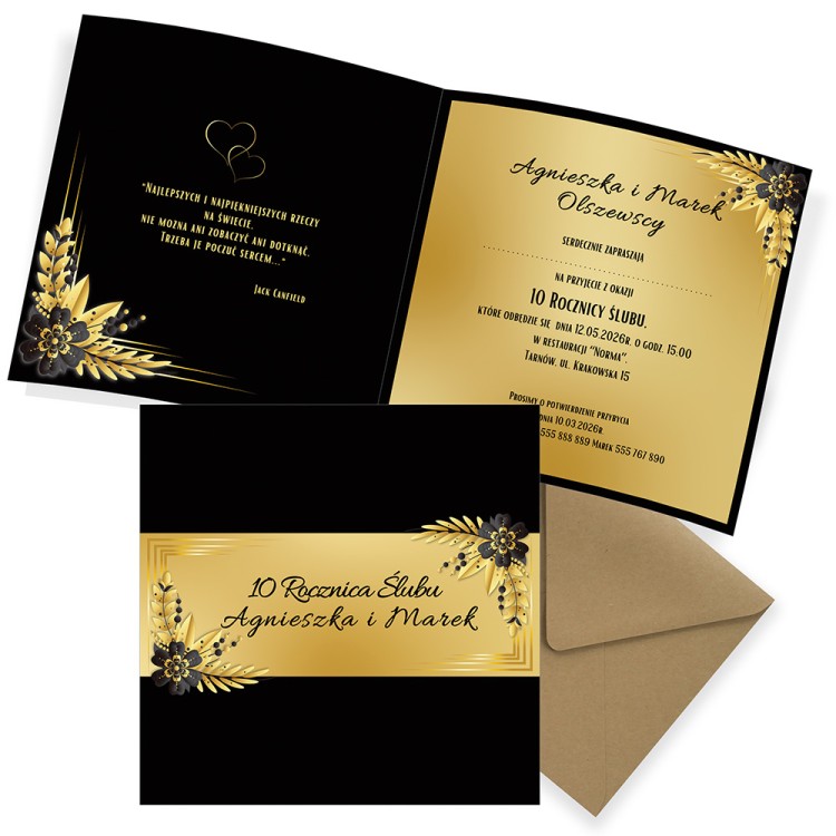 Zaproszenia Personalizowane Rocznica Ślubu Czarno Złote Kwiaty Eko Koperta komplet
