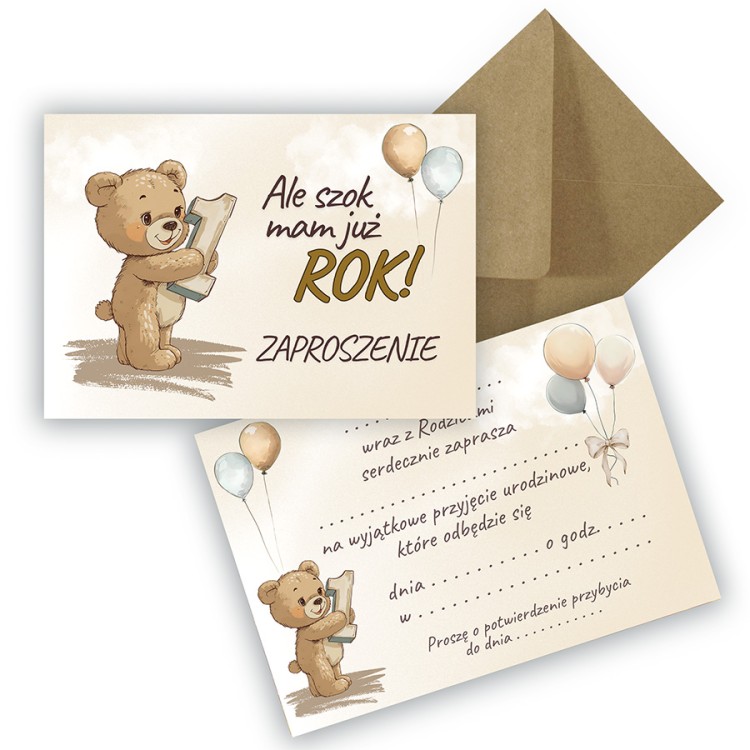 Zaproszenia dla Dzieci Beżowy Misiek ZJB_03 Eko Koperta