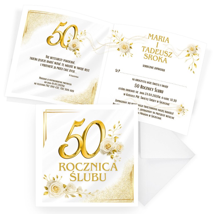 Zaproszenia Personalizowane na Rocznicę Ślubu Biało Złote Róże D13_10 komplet