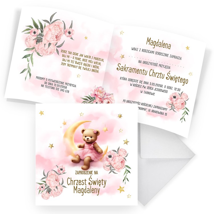 Zaproszenia Personalizowane na Chrzest Święty Miś na księżycu D13_11 komplet