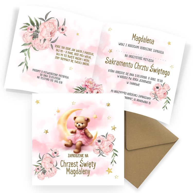 Zaproszenia Personalizowane na Chrzest Święty Miś na księżycu Eko Koperta D13_11_ZE1 komplet