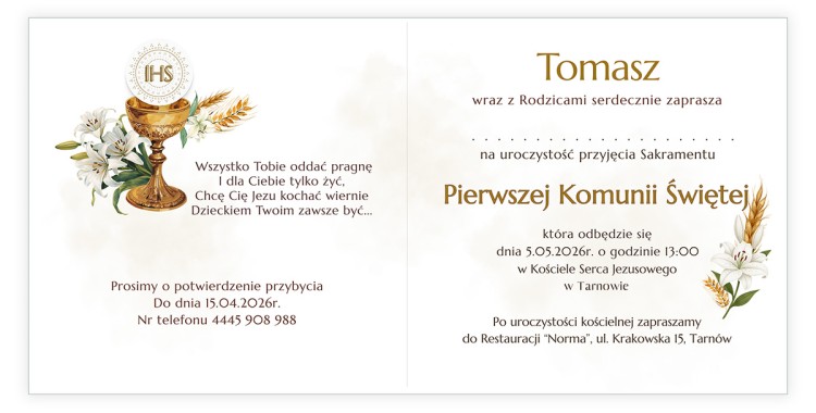 Zaproszenia Personalizowane na Komunię IHS D13_12 środek
