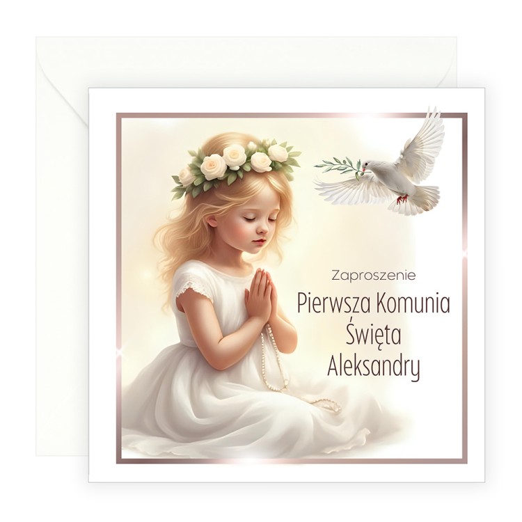 Zaproszenia Personalizowane na Komunię Dziewczynka i gołąb D13_13