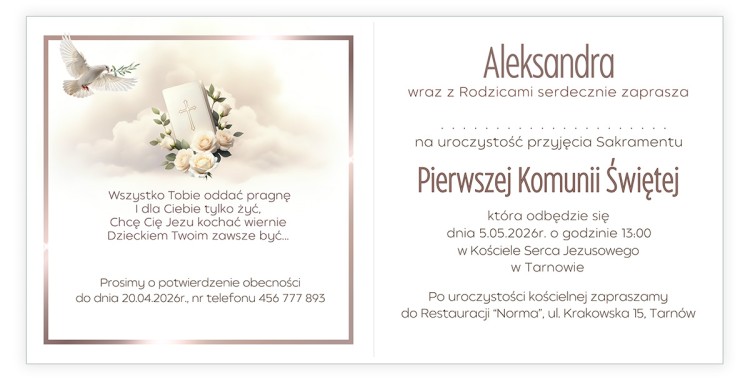 Zaproszenia Personalizowane na Komunię Dziewczynka i gołąb D13_13 środek