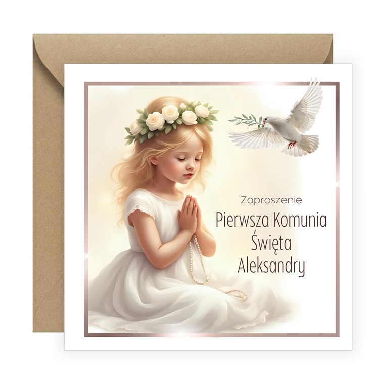 Zaproszenia Personalizowane na Komunię Dziewczynka i gołąb Eko Koperta D13_13_ZE1