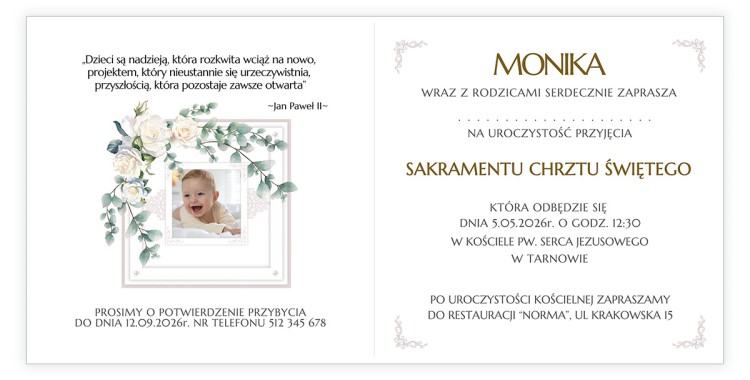 Zaproszenia Personalizowane na Chrzest Uśmiech ze zdjęciem D13_15 środek