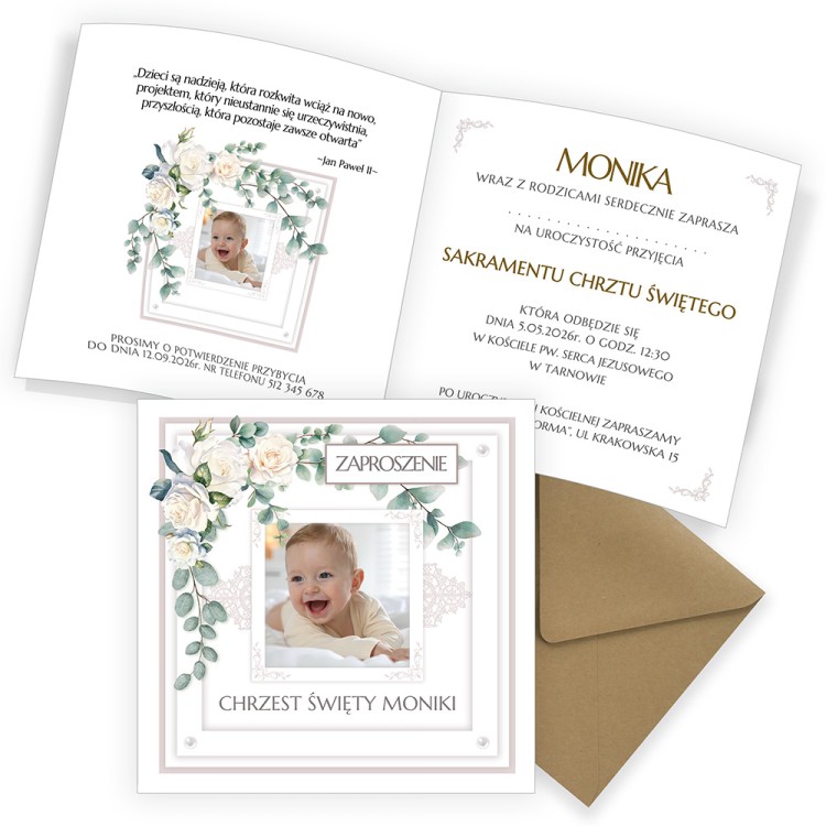 Zaproszenia Personalizowane na Chrzest Uśmiech ze zdjęciem Eko Koperta D13_15_ZE1 komplet
